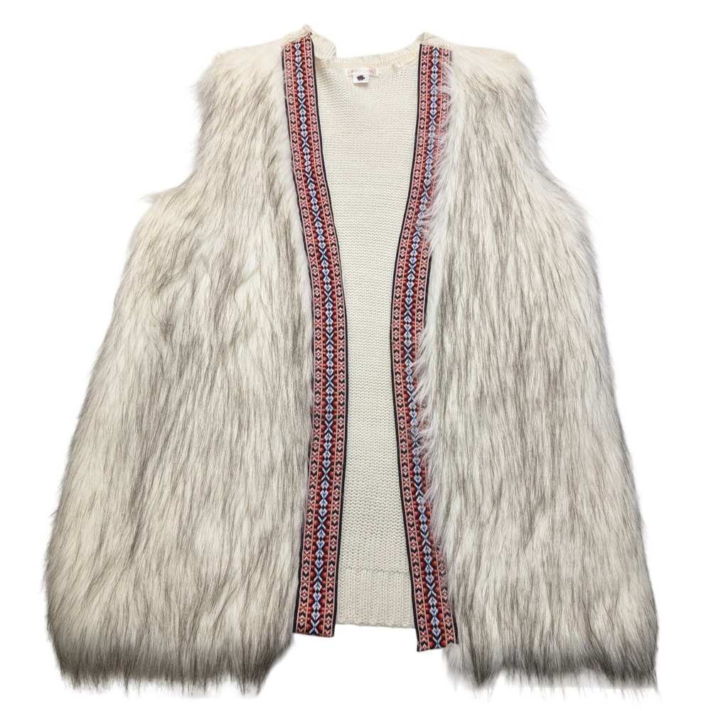 Xhilaration Faux Fur Knit Vest Womens Large Cream White Grey Boho Embroidered